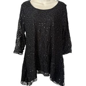 Brittany Black Womens Whimsigoth Lace Sequin Sheer Sleeve Witchy Sharkbite Top S